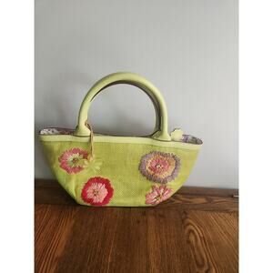 Sigrid Olsen Bag Straw & Leather Pink Tan Beaded Floral Lined 687 Cool Pink